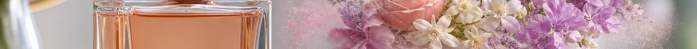 A perfume bottle on a vanity with a visual transition from bright citrus mist to floral tones and warm amber woody tones.