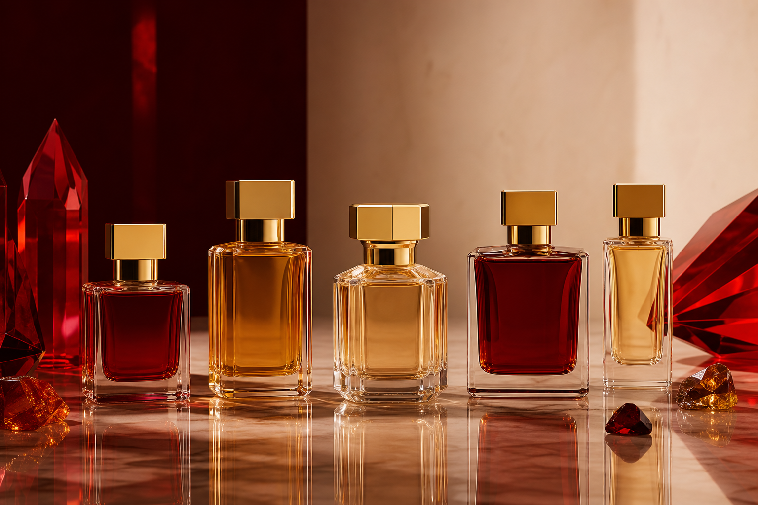 Several elegant perfume bottles on a reflective surface with red and amber lighting.