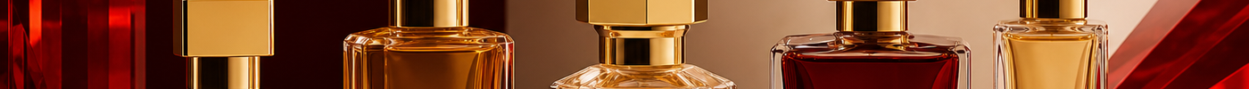 Several elegant perfume bottles on a reflective surface with red and amber lighting.