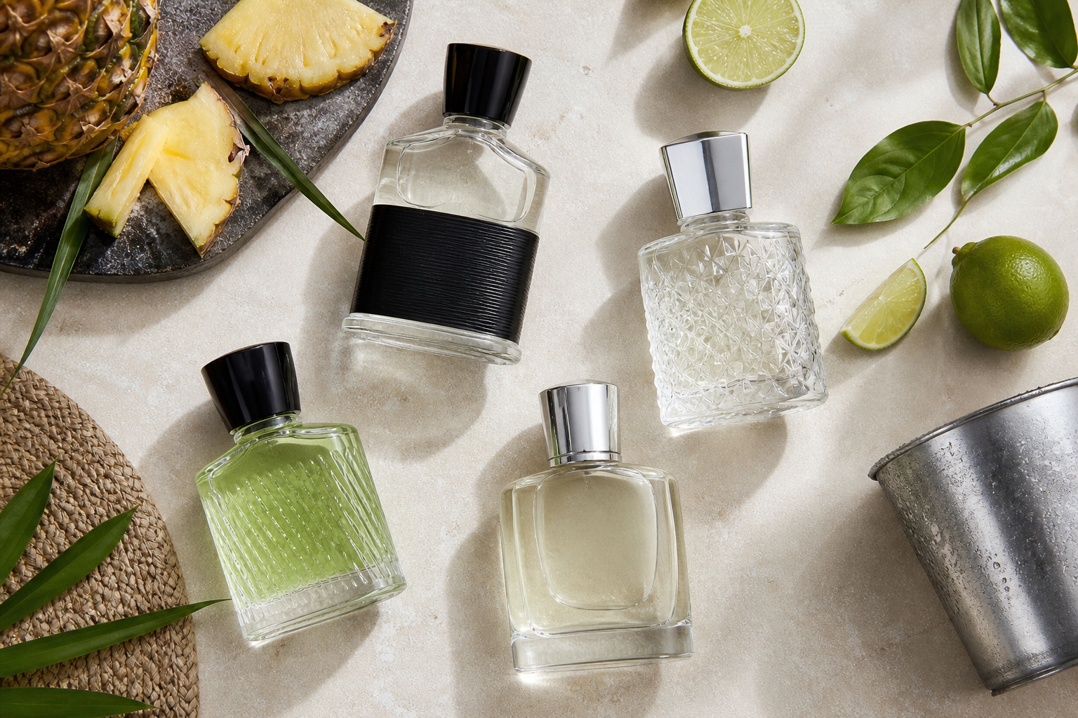 Four perfume bottles with pineapple, lime, green leaves, and a silver cup on a light surface.
