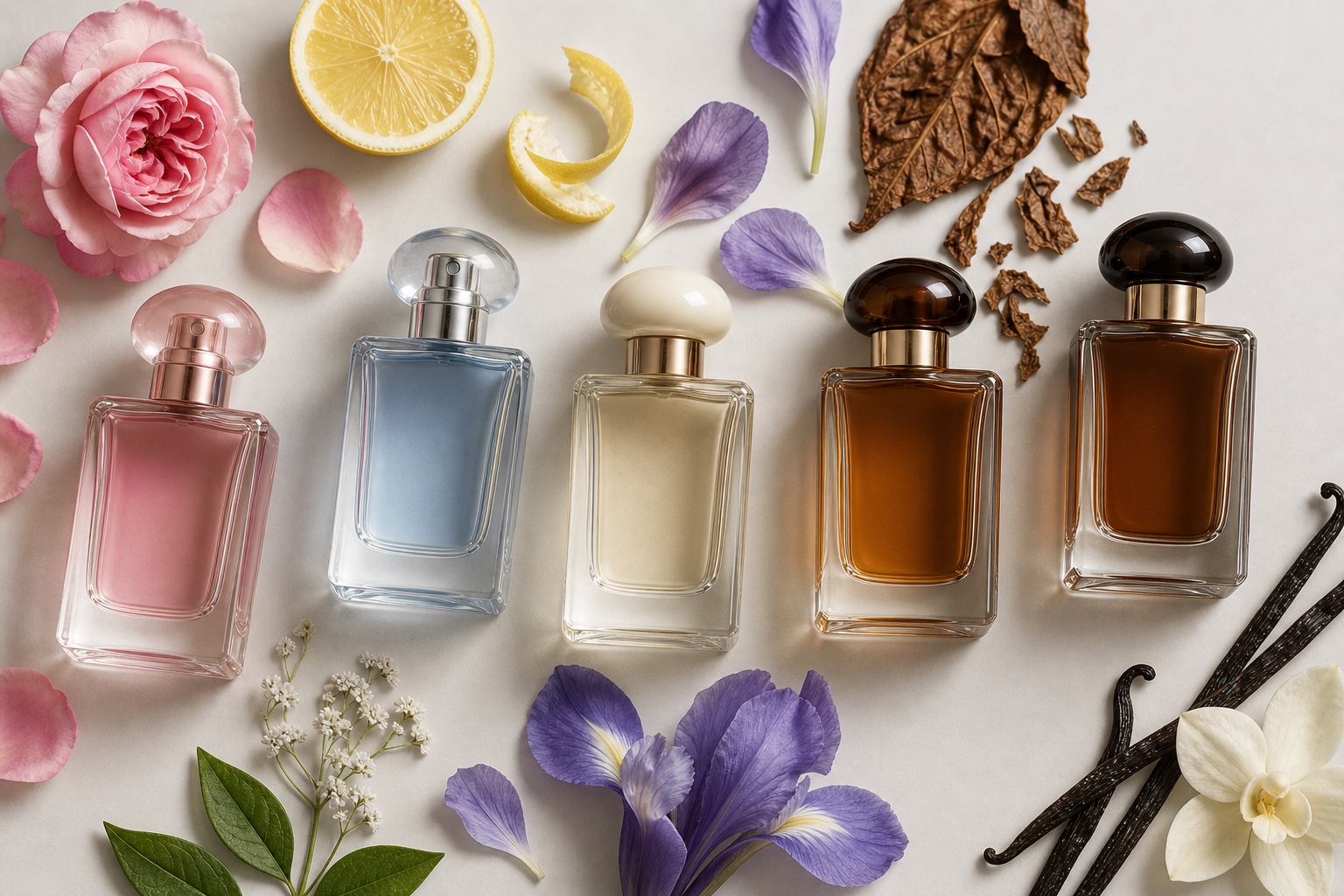 Several unbranded perfume bottles arranged with rose petals, citrus peel, iris, tobacco leaf, and vanilla pods on a neutral surface.