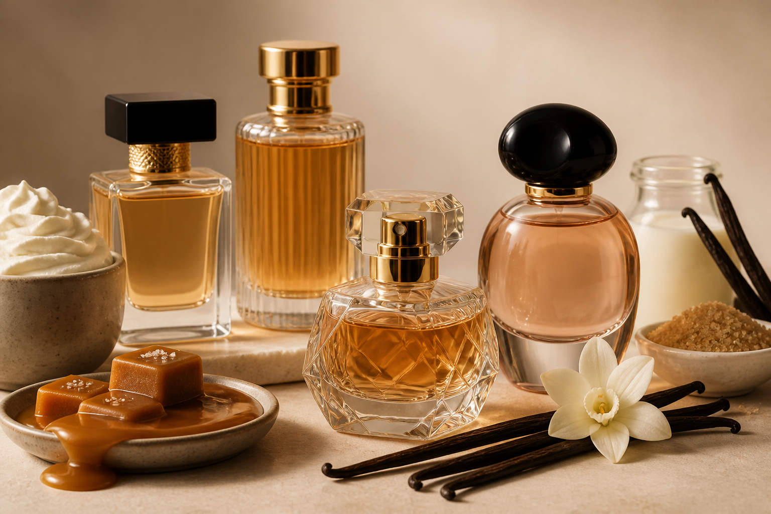 Perfume bottles arranged with vanilla pods and caramel dessert ingredients on a neutral surface