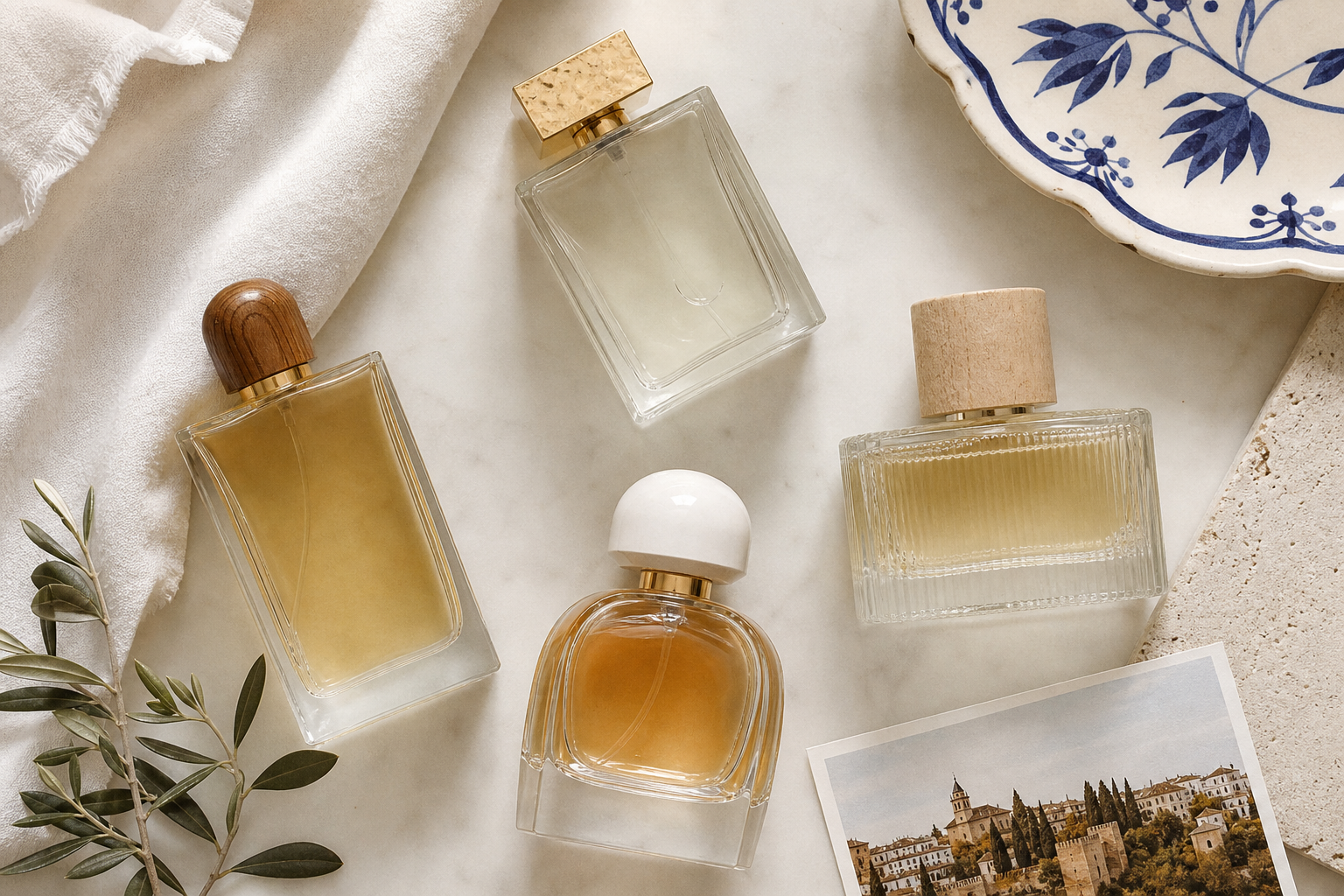 Several elegant perfume bottles arranged on a light neutral surface