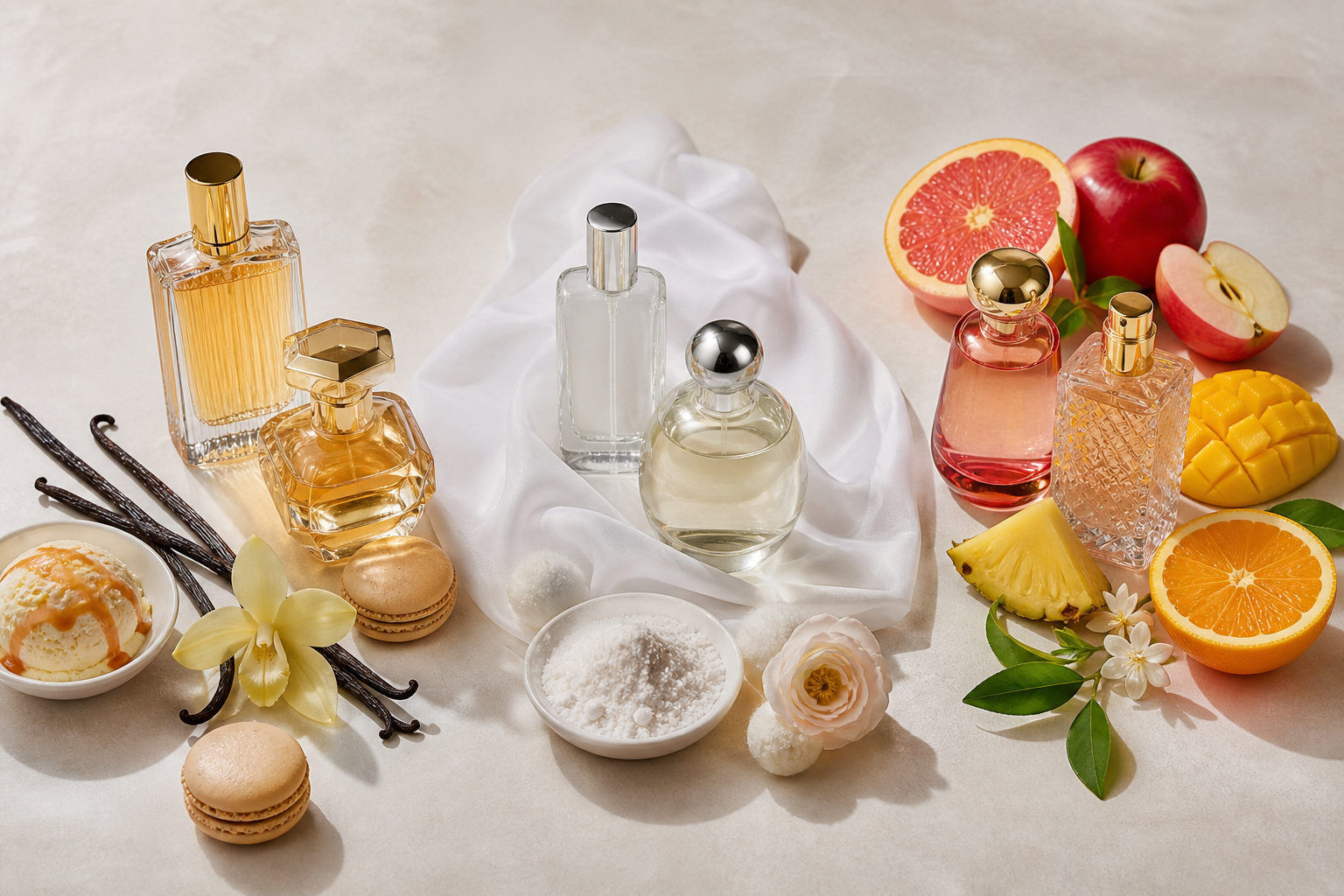 Perfume bottles styled with vanilla pods, soft white musk elements, and mixed fruits on a neutral surface.
