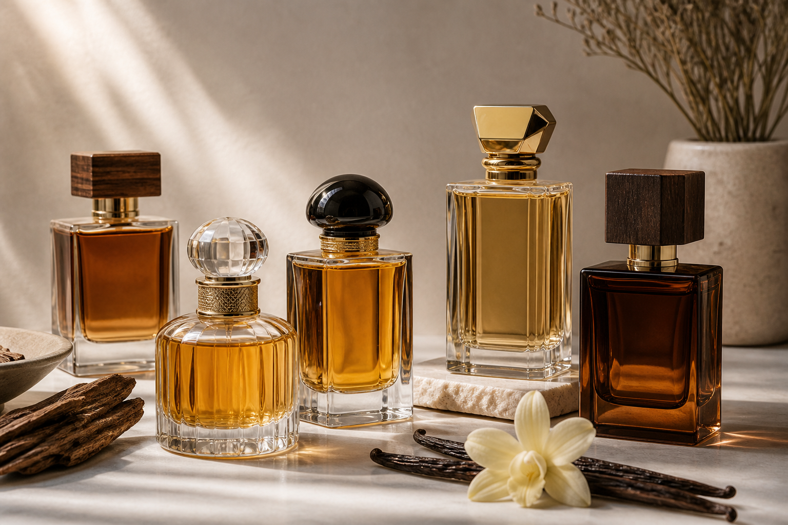 Several elegant perfume bottles on a neutral surface with warm amber and woody styling.