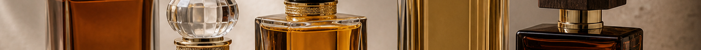 Several elegant perfume bottles on a neutral surface with warm amber and woody styling.