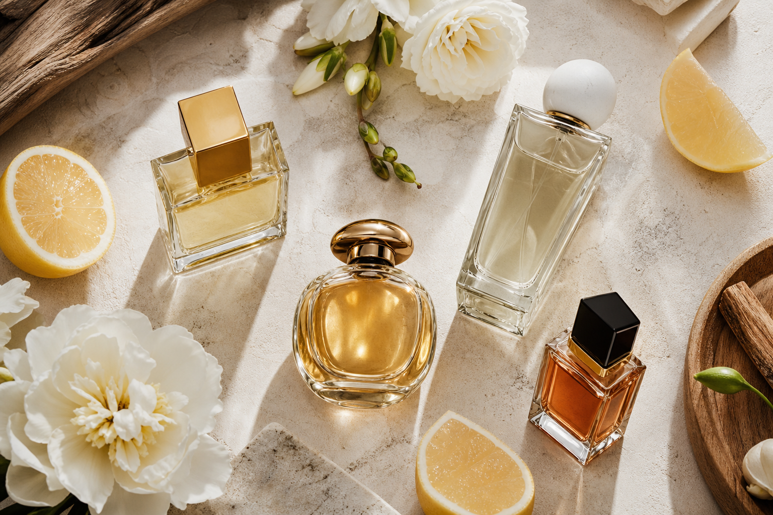 Several elegant perfume bottles arranged with citrus slices, white flowers, and wood accents on a light stone surface