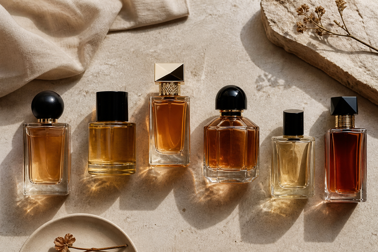 Several elegant perfume bottles arranged on a neutral stone surface in soft natural light.