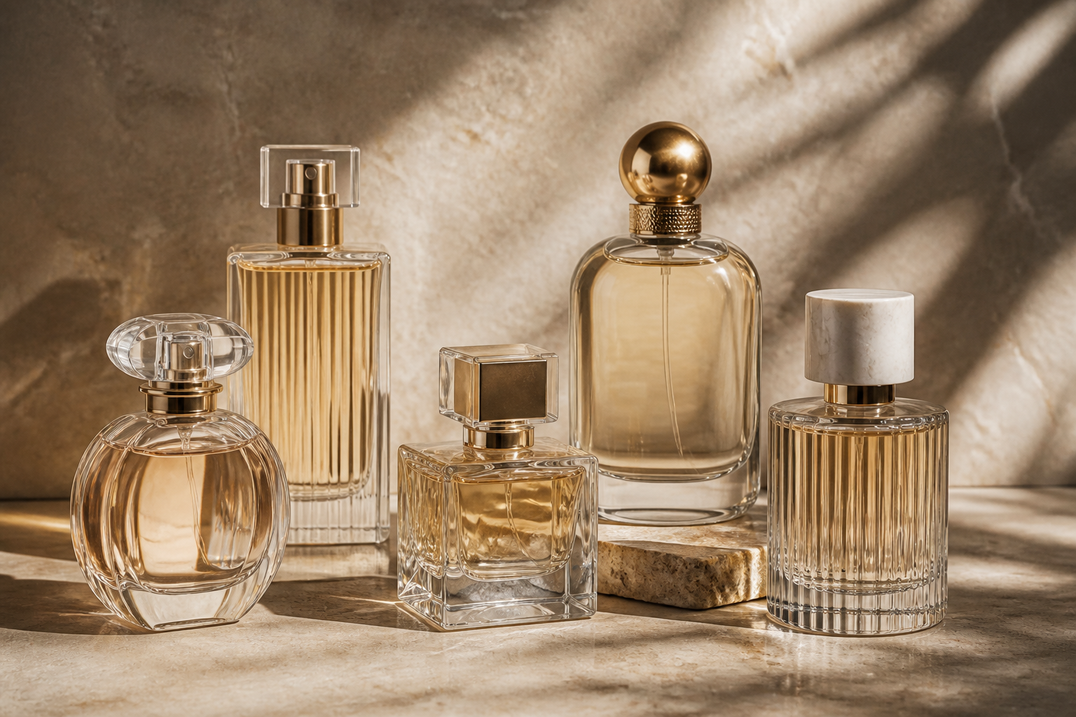 Several elegant perfume bottles arranged on a stone surface with soft warm lighting.