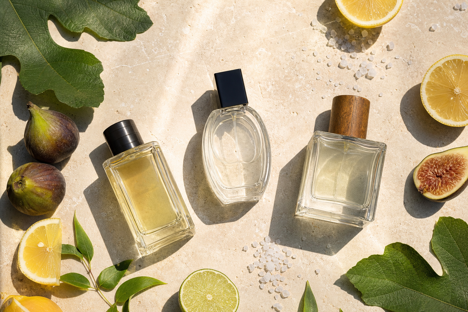 Perfume bottles with citrus slices and green leaves in bright summer sunlight.