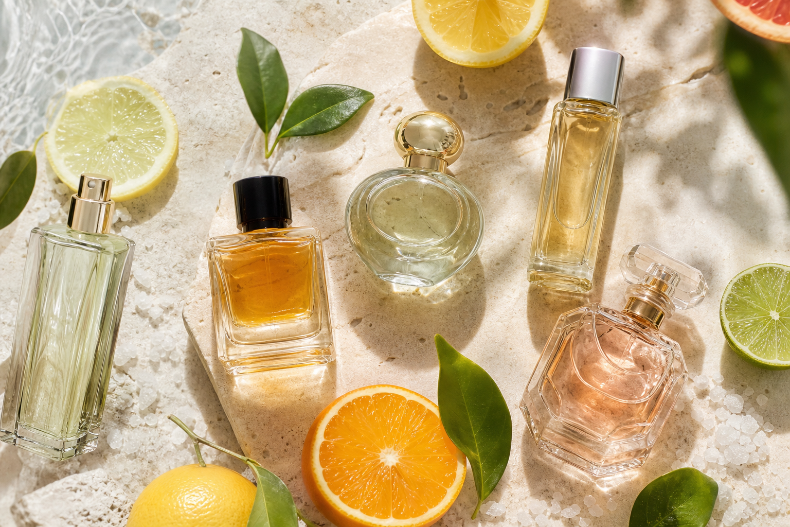 Several perfume bottles arranged on a light surface with citrus slices, green leaves, and a coastal summer feel.