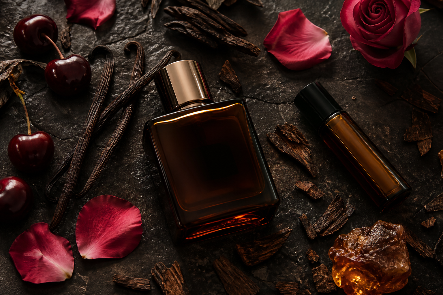 Amber perfume bottles with cherries, vanilla pods, rose petals, and wood on a dark surface