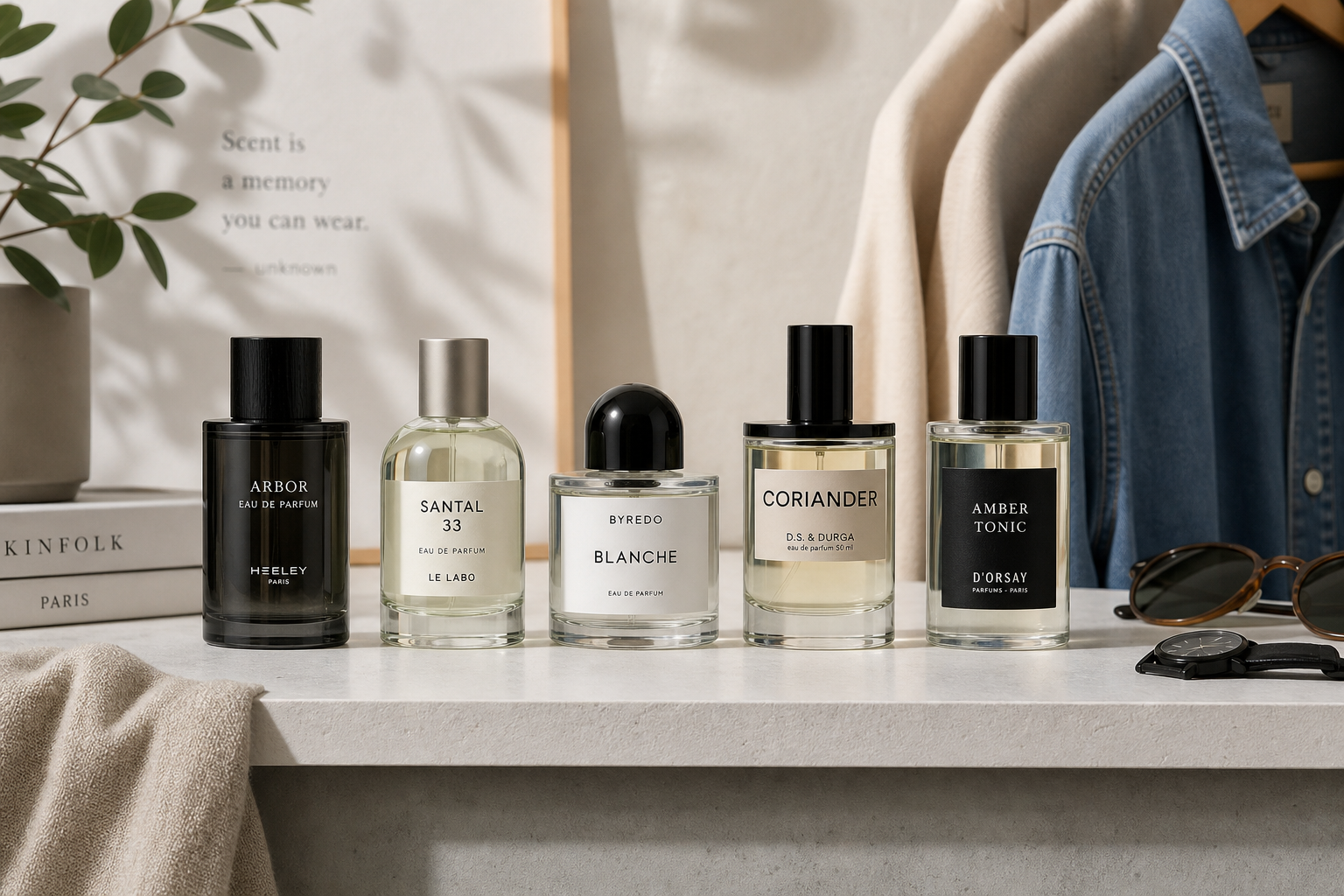 A group of perfume bottles arranged on a minimal shelf with soft daylight and neutral everyday accessories.