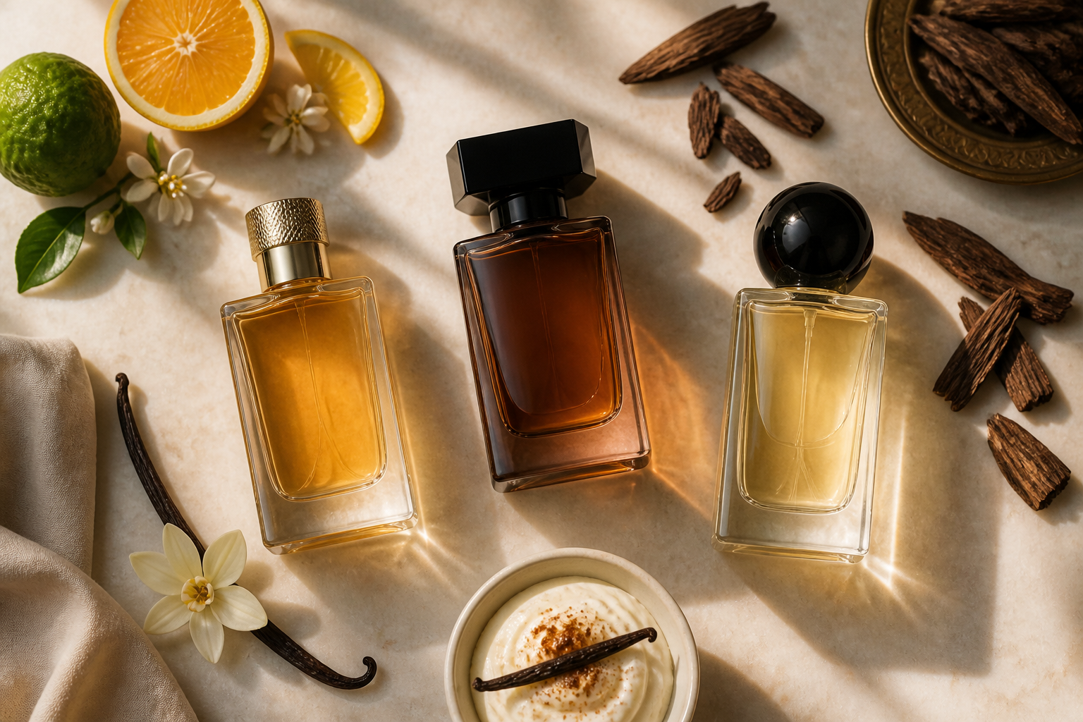 Three elegant perfume bottles styled with citrus, oud wood, and gourmand elements on a light stone surface