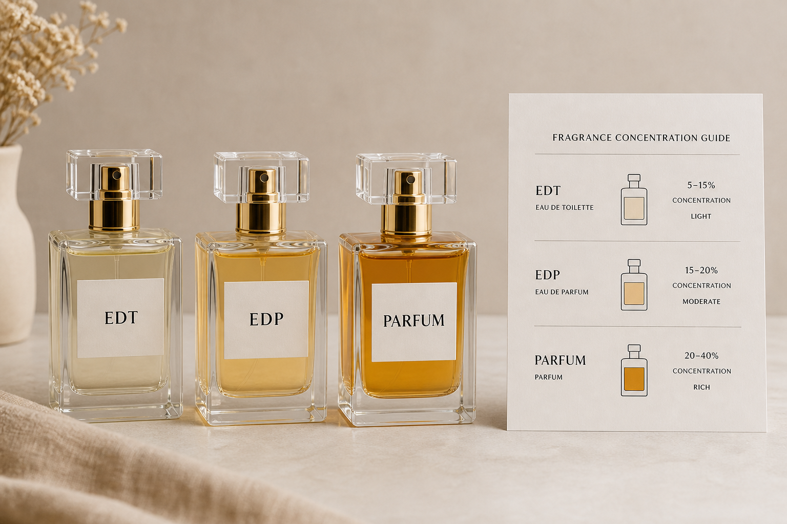 Three perfume bottles labeled EDT, EDP, and PARFUM beside a simple concentration chart on a neutral background.