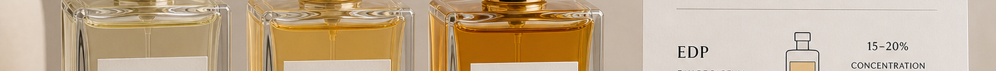 Three perfume bottles labeled EDT, EDP, and PARFUM beside a simple concentration chart on a neutral background.