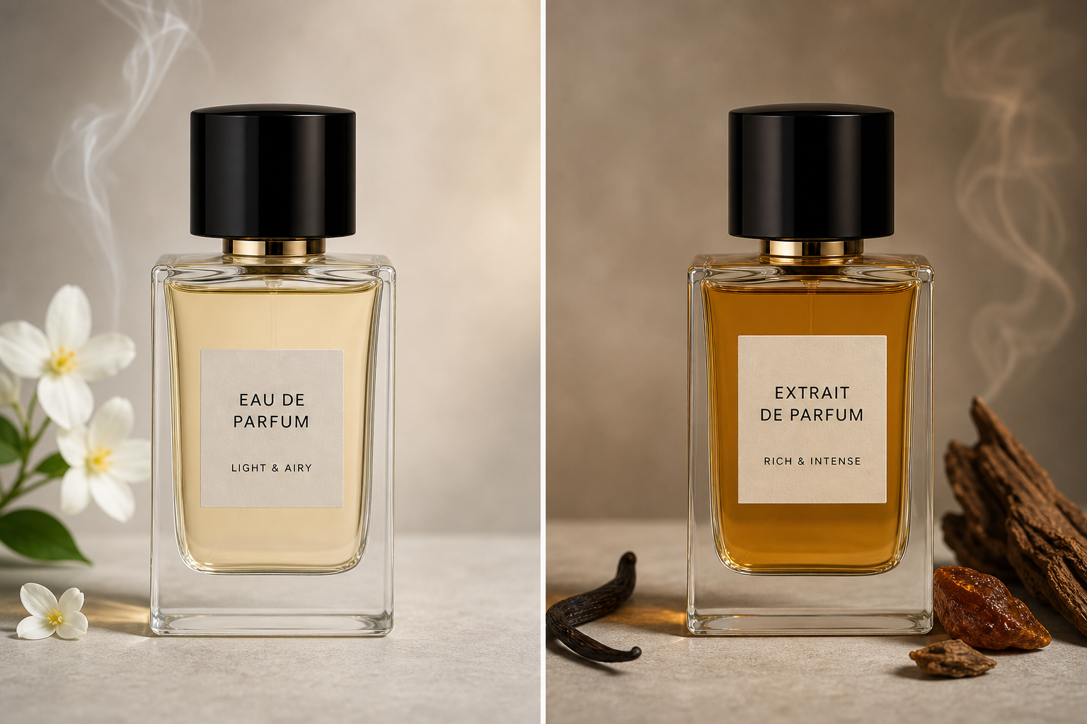 Two perfume bottles side by side labeled Eau de Parfum and Extrait de Parfum on a neutral background.
