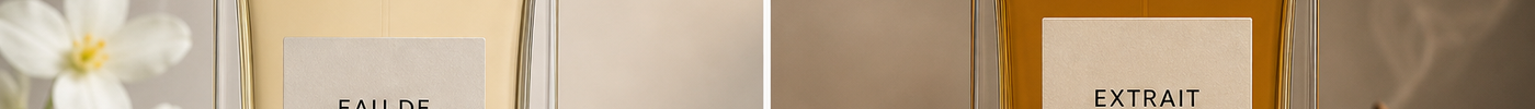 Two perfume bottles side by side labeled Eau de Parfum and Extrait de Parfum on a neutral background.