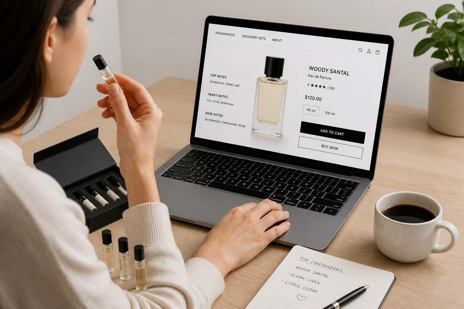 Person comparing perfume samples and reading fragrance information on a laptop before buying online