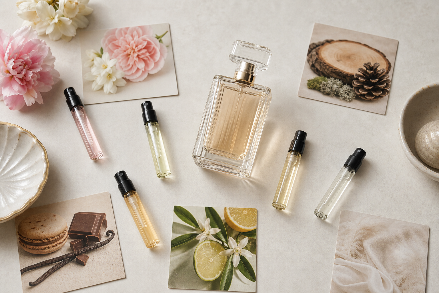 Perfume samples, a perfume bottle, and scent family cards on a light surface