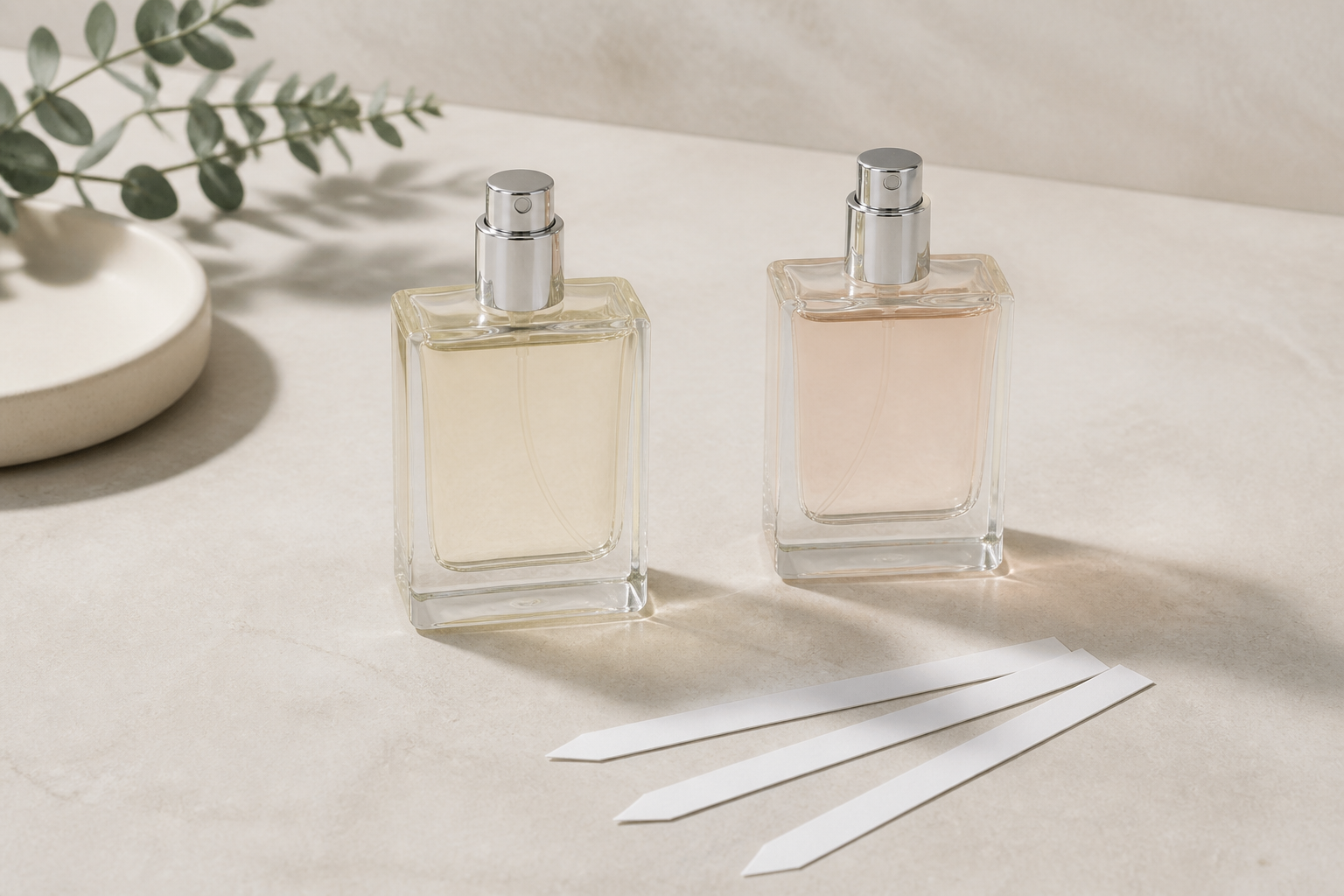 Two unbranded perfume bottles with paper test strips laid out for fragrance comparison on a light surface