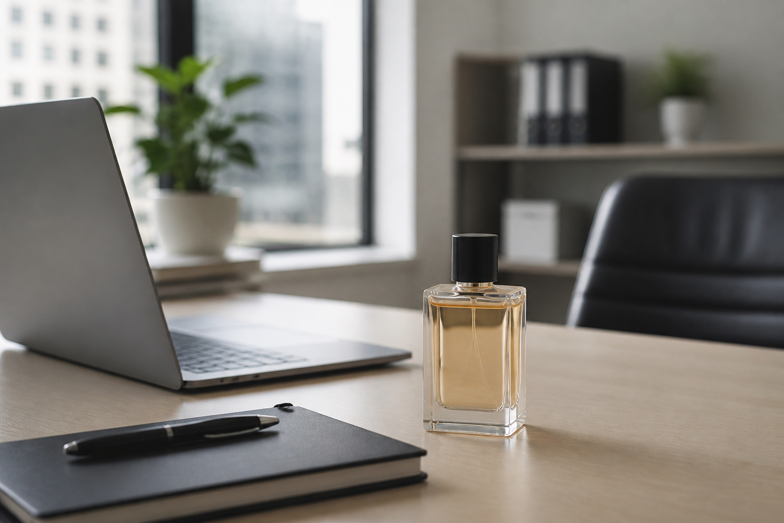 Perfume bottle on an office desk next to a laptop and notebook