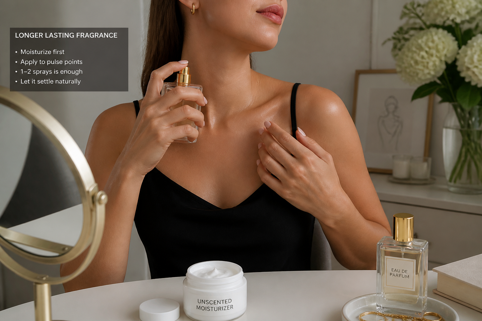 Person applying perfume to neck after moisturizing skin at a vanity.