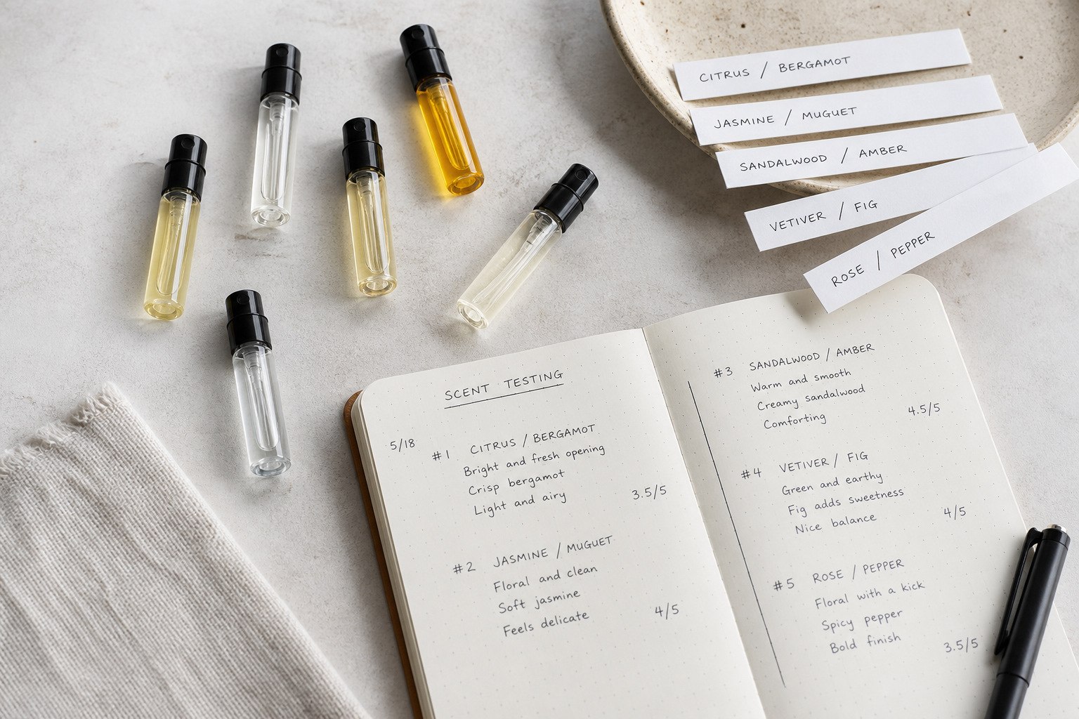 Several perfume sample vials, paper test strips, and a notebook on a light surface.