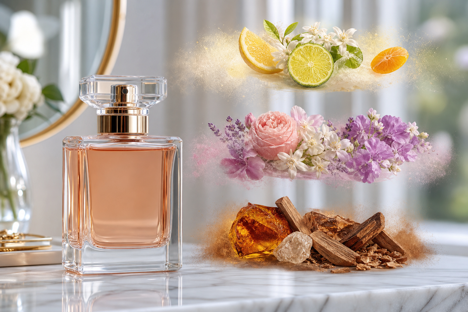 A perfume bottle on a vanity with a visual transition from bright citrus mist to floral tones and warm amber woody tones.