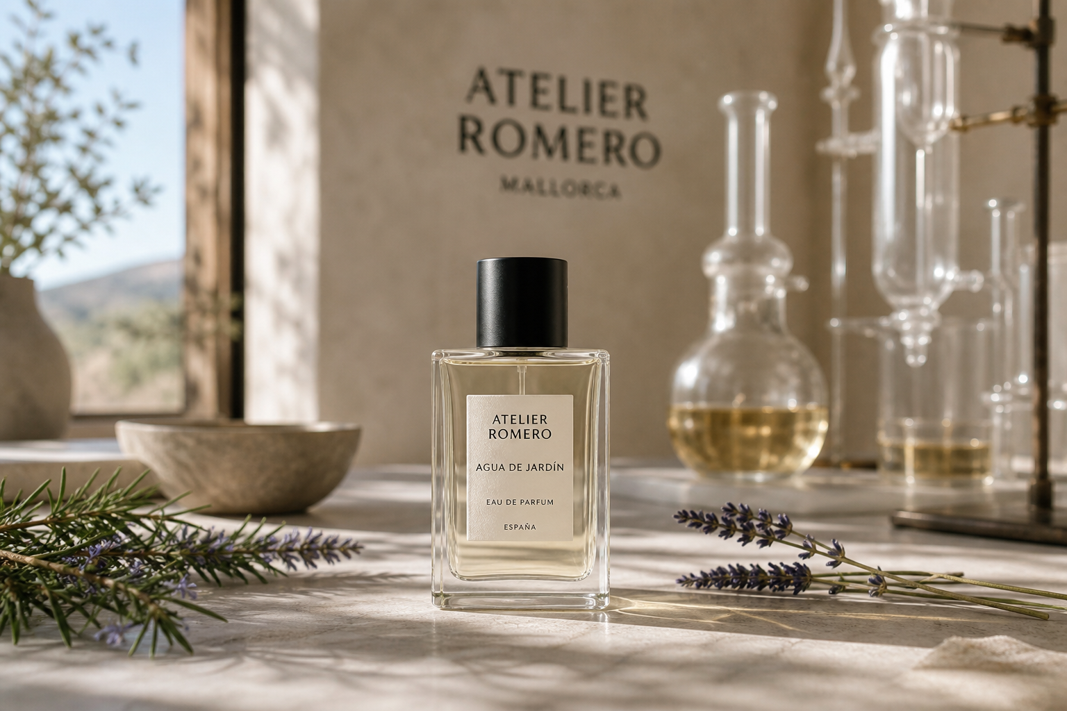 Perfume bottle on a stone surface with lab glassware and aromatic herbs in a bright Spanish workshop setting