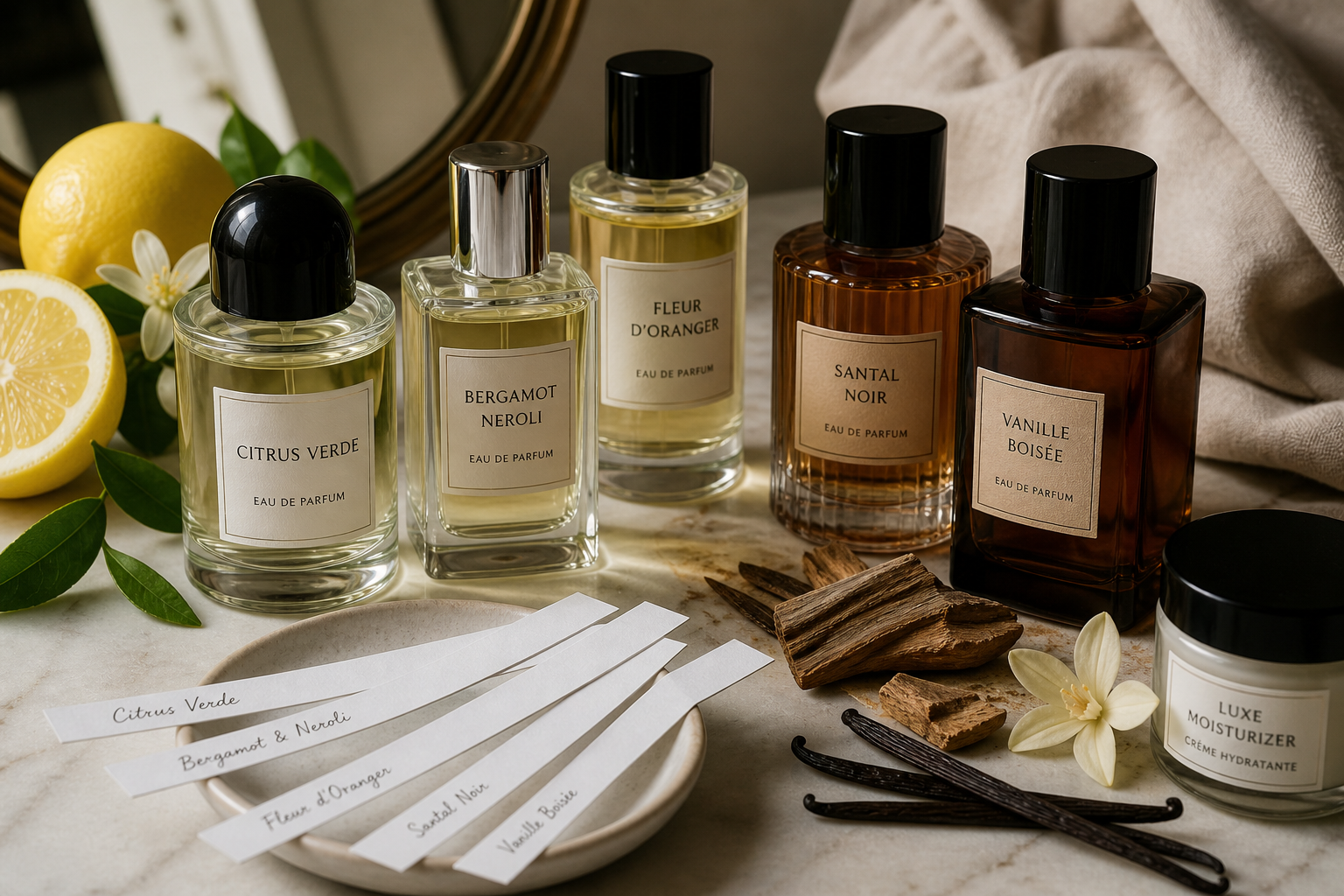 Perfume bottles, scent strips, moisturizer, and fabric arranged on a vanity