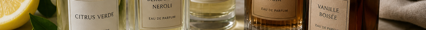Perfume bottles, scent strips, moisturizer, and fabric arranged on a vanity