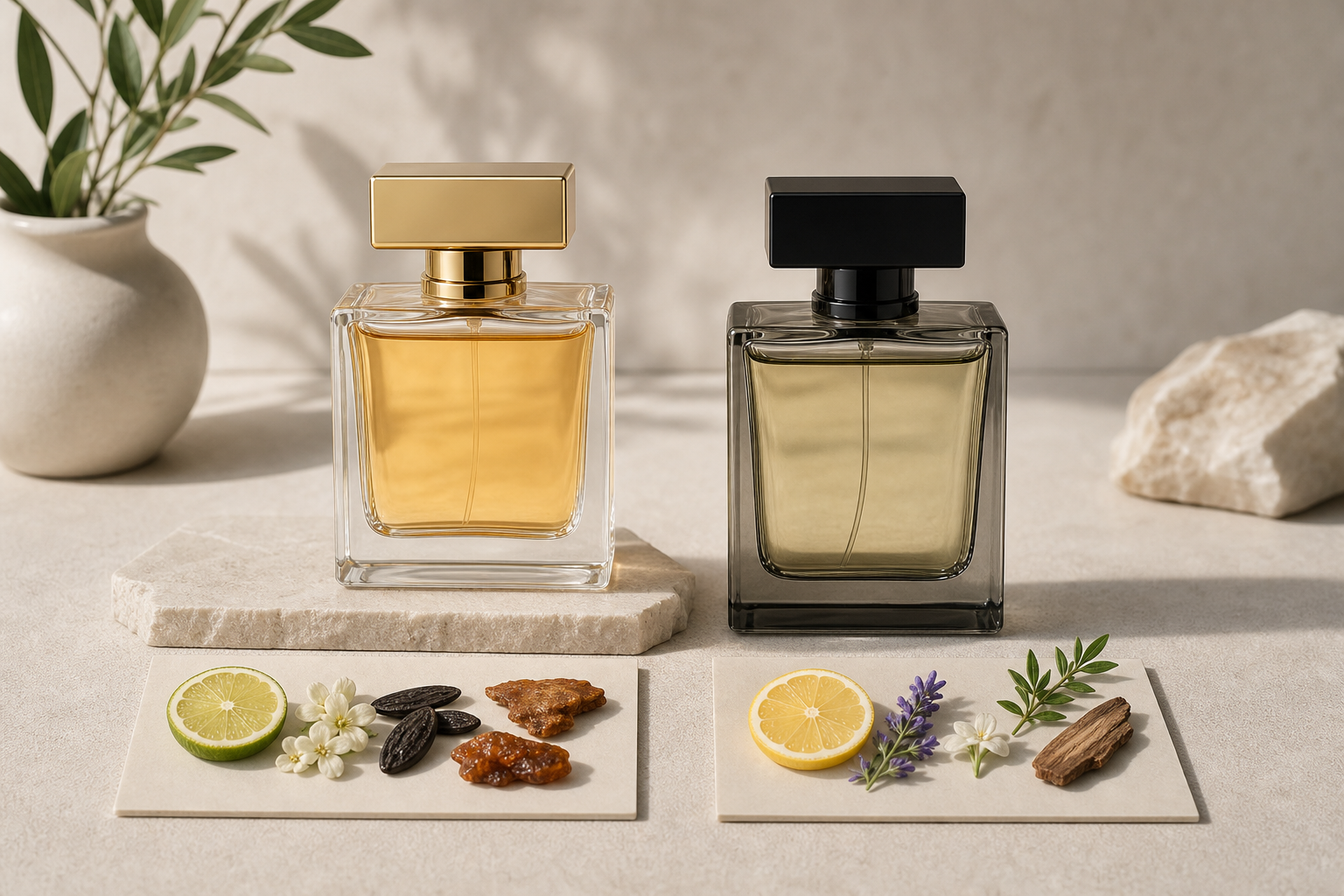 Two unbranded perfume bottles with scent note cards on a neutral surface.