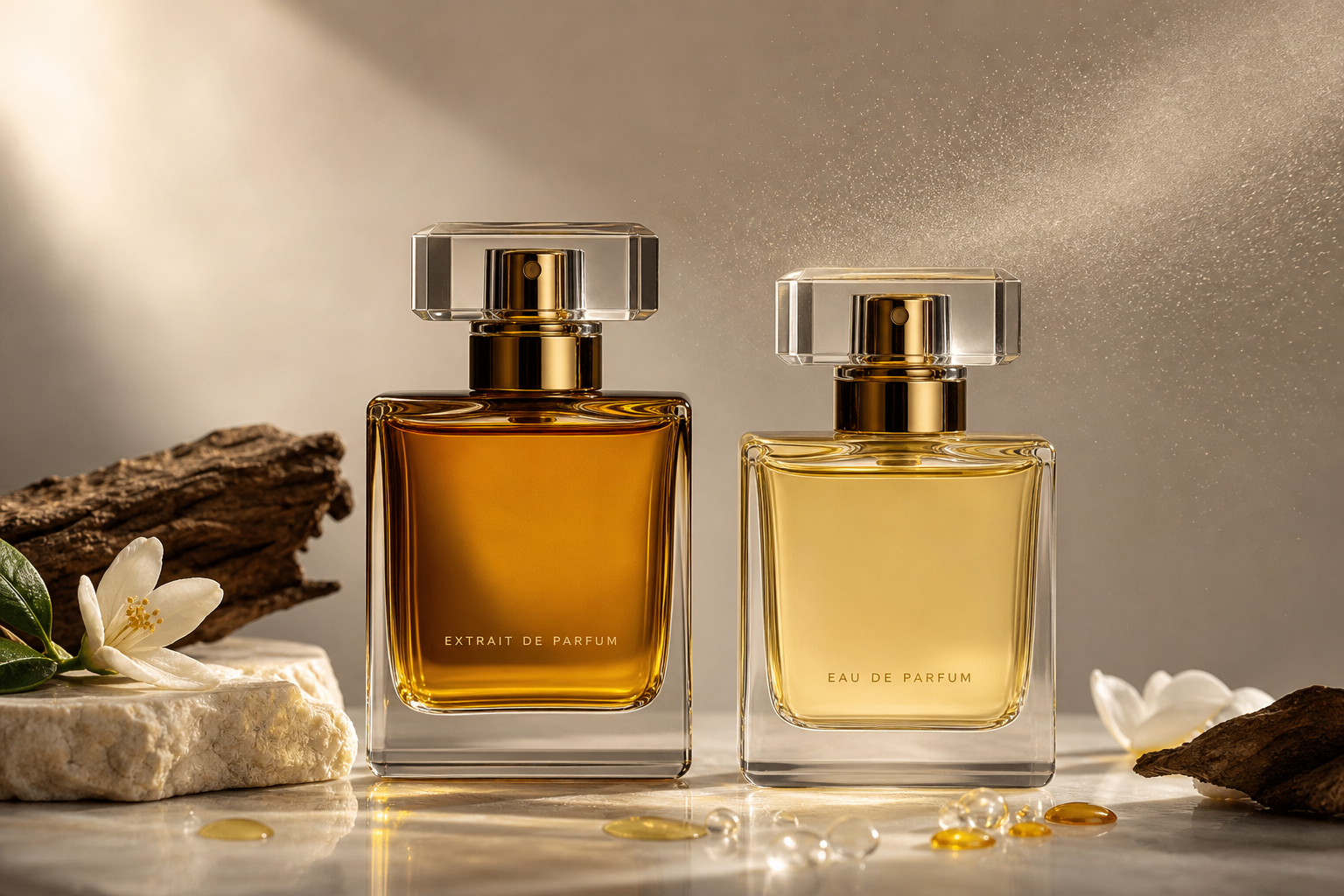 Two perfume bottles on a neutral surface representing extrait de parfum and eau de parfum.
