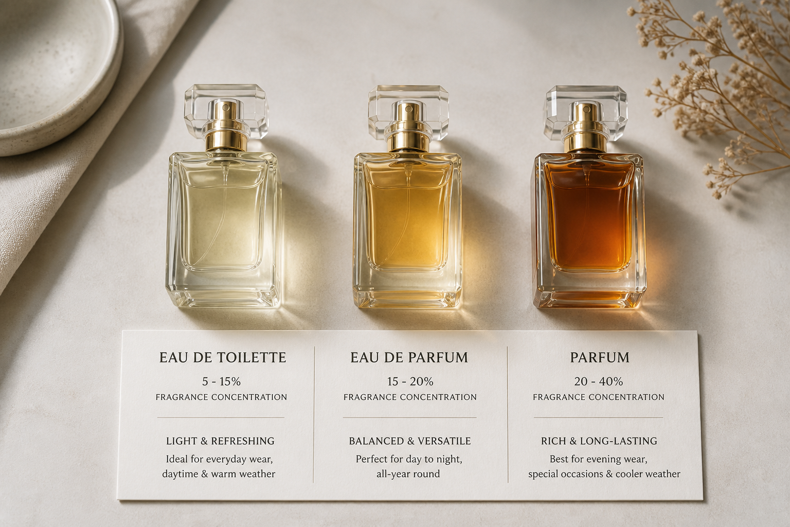 Three perfume bottles labeled Eau de Toilette, Eau de Parfum, and Parfum arranged side by side with a comparison card.