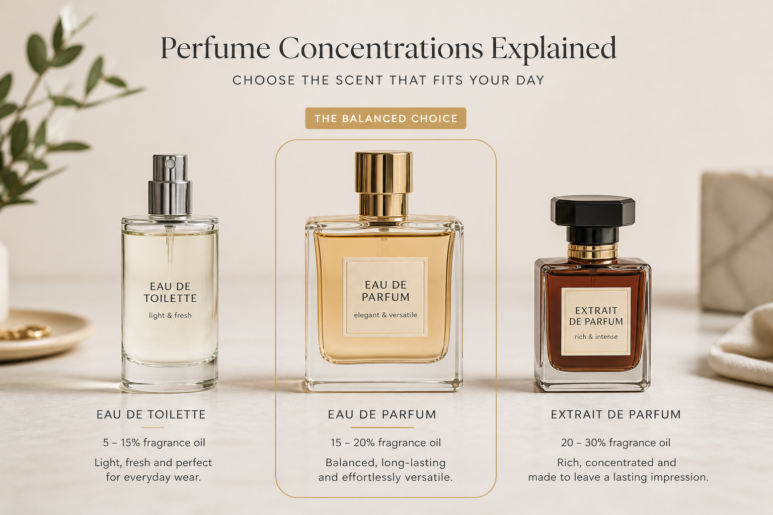 Three perfume bottles arranged to illustrate lighter, balanced, and stronger fragrance concentrations.