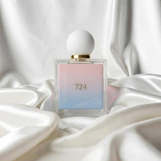 A square glass perfume bottle with a white spherical cap, featuring a pastel pink-to-blue gradient label with the gold number '724', set against draped white satin fabric.