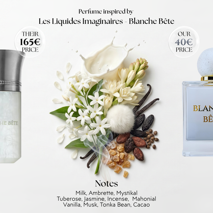 Fragrance notes of Blanche Bête: Milk, Ambrette, Mystikal, Tuberose, Jasmine, Incense,  Mahonial, Vanilla, Musk Tonka Bean, Cacao. Viral Parfums version of scent inspired by Les Liquides Imaginaires