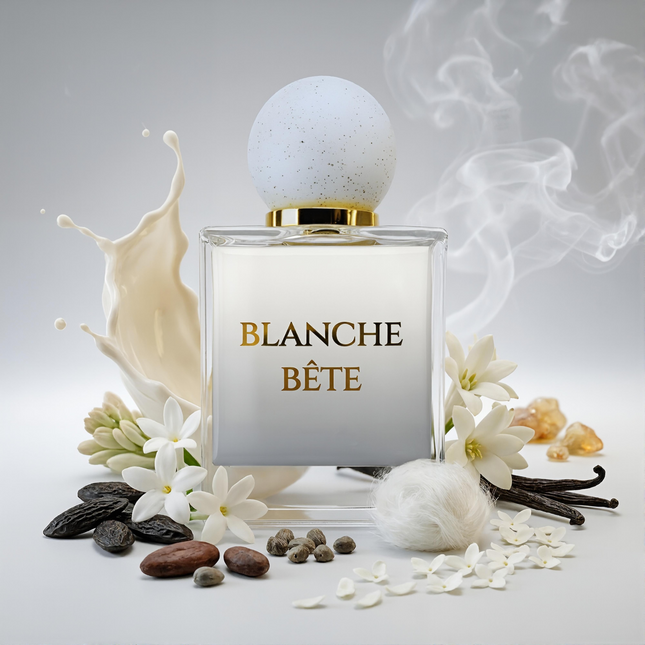 Blanche Bête inspired version of  Les Liquides Imaginaires from Viral Parfums. Notes: Milk, Ambrette, Mystikal, Tuberose, Jasmine, Incense,  Mahonial, Vanilla, Musk Tonka Bean, Cacao