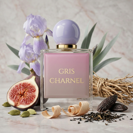 Elegant glass bottle, with easily recognizable, olfactive color-mapped label and ball shaped perfume cap meticulously color-matched to reflect the specific character of the scent notes: Cardamom, Fig, Black Tea, Iris, Vetiver, Sandalwood, Tonka Bean. This color-coding of the caps and labels serves as a respectful visual homage to the original Gris Charnel EdP inspired by BDK.