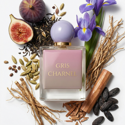 A perfume inspired by Gris Charnel, featuring a central arrangement of fragrance notes including purple iris flowers, figs, cardamom, black tea, green pods, cinnamon sticks, and spices on a white background, with partial views of two perfume bottles on the left and right and pricing text.