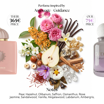 Fragrance notes of Guidance: Pear, Hazelnut, Olibanum, Osmanthus, Rose, Saffron, Jasmine, Sandalwood, Vanilla, Akigalawood, Labdanum, Ambergris. Viral Parfums version of scent inspired by Amouage