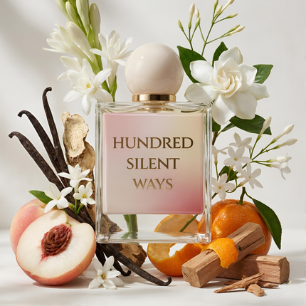 Hundred Silent Ways inspired by Nisahne. Our Viral Parfums version sweet, juicy peach note that feels smooth and slightly creamy, then transitions into a rich white floral heart. The dry down is a warm vanilla with soft woods, giving it that cozy yet polished finish that lingers beautifully on the skin.