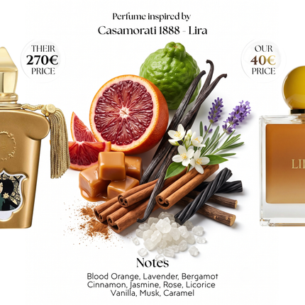 Fragrance notes of Lira: Blood Orange, Lavender, Bergamot, Cinnamon, Jasmine, Rose, Licorice, Vanilla, Caramel, Musk. Viral Parfums version of scent inspired by Xerjoff