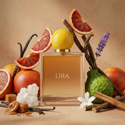 Elegant glass bottle, with easily recognizable, olfactive color-mapped label and ball shaped perfume cap meticulously color-matched to reflect the specific character of the scent notes: Blood Orange, Lavender, Bergamot, Cinnamon, Jasmine, Rose, Licorice, Vanilla, Caramel, Musk. This color-coding of the caps and labels serves as a respectful visual homage to the original Lira EdP inspired by Xerjoff.