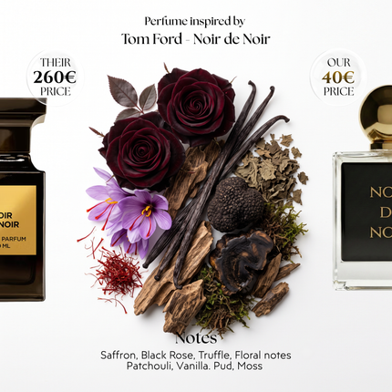 Fragrance notes of Noir de Noir: Saffron, Black Rose, Truffle, Floral Notes, Patchouli, Vanilla, Oud, Moss. Viral Parfums version of scent inspired by Tom Ford