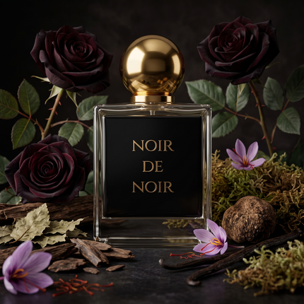 Elegant glass bottle, with easily recognizable, olfactive color-mapped label and ball shaped perfume cap meticulously color-matched to reflect the specific character of the scent notes: Saffron, Black Rose, Truffle, Floral Notes, Patchouli, Vanilla, Oud, Moss. This color-coding of the caps and labels serves as a respectful visual homage to the original Noir de Noir EdP inspired by Tom Ford.