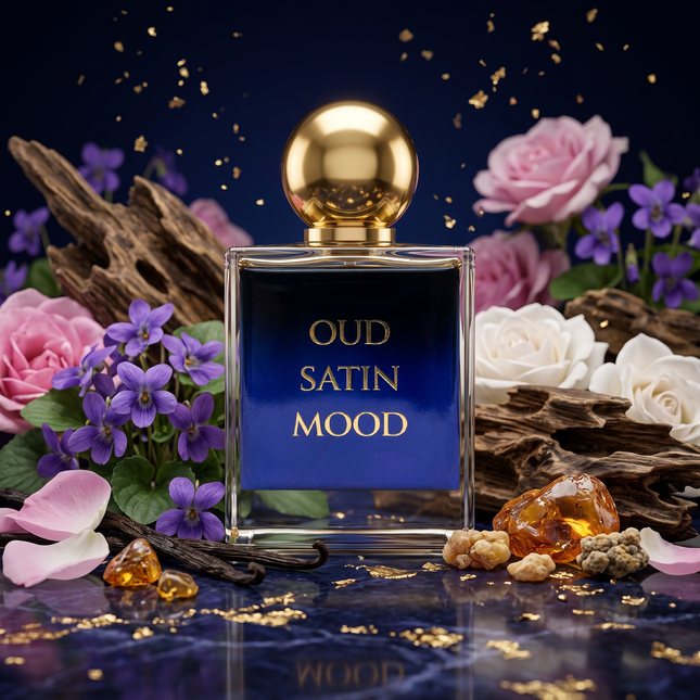 Oud Satin Mood eau de parfum bottle inspired by Maison Francis Kurkdjian with a rich unisex oud fragrance profile