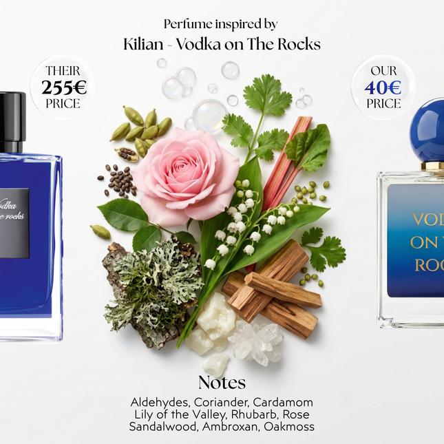 Fragrance notes of Vodka on the Rocks: Aldehydes, Coriander, Cardamom, Lily of the Valley, Rhubarb, Rose, Sandalwood, Ambroxan, Oakmoss. Viral Parfums version of scent inspired by Kilian