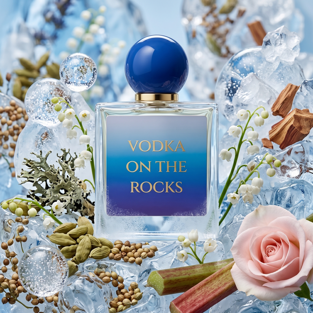 Clear glass bottle of "Vodka on the Rocks" Eau de Parfum, featuring a blue cap, surrounded by ice, herbs, and floral elements.